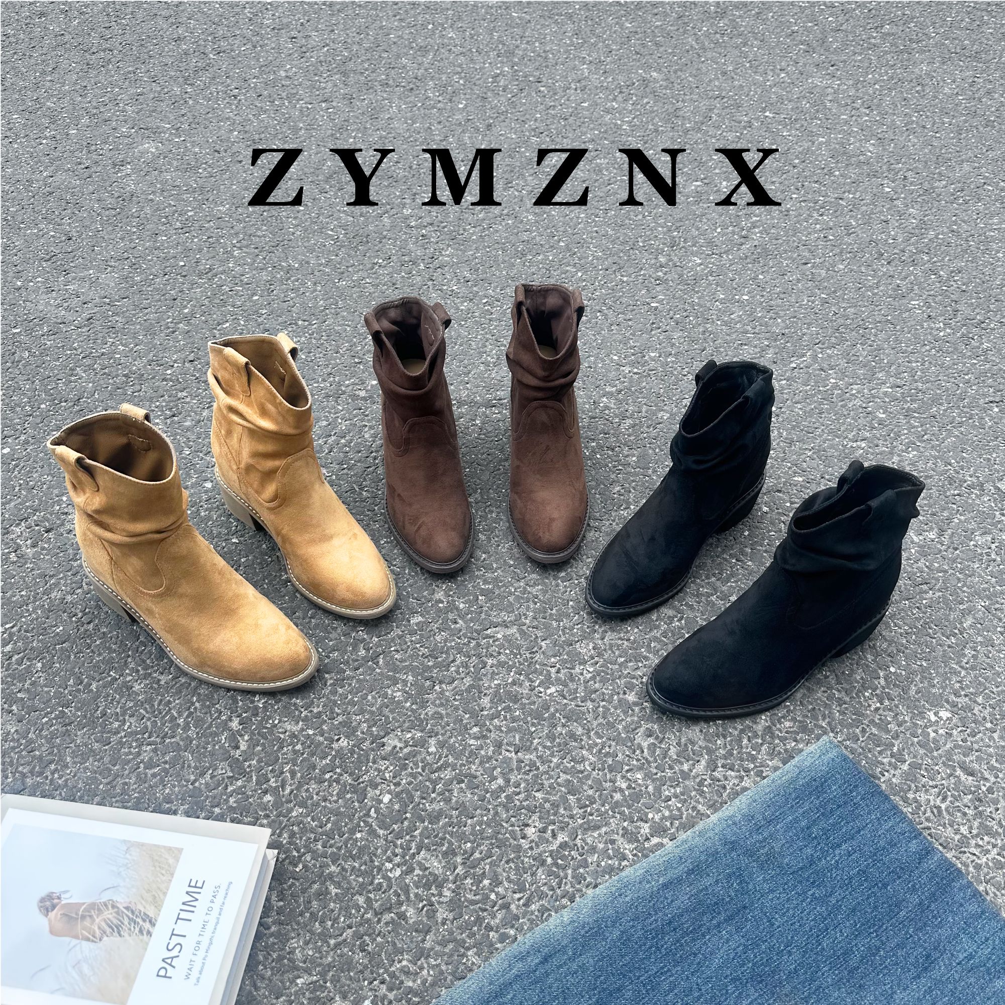 【平增高9cm】真皮靴子女短靴尖头绒面皮带扣粗跟复古堆堆靴P070