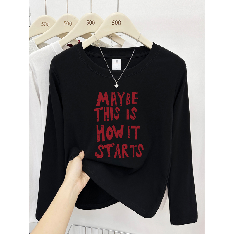 字母印花圆领正肩长袖t恤女秋装大码胖mm遮肚显瘦打底衫百搭上衣