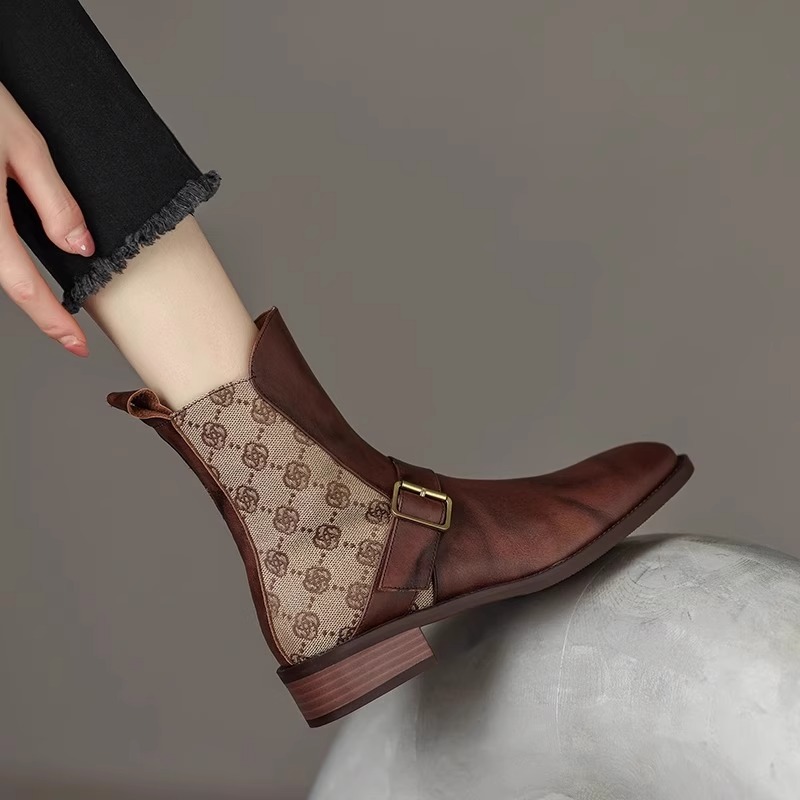 头层真皮断码清仓秋冬拼色粗跟冬季圆头复古马丁靴短筒女靴百搭鞋