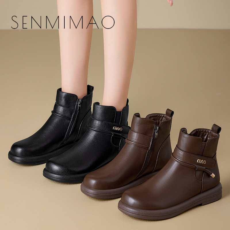 靴子女新款防滑增高百搭英伦工作鞋早秋真牛小皮鞋时尚厚底时装靴