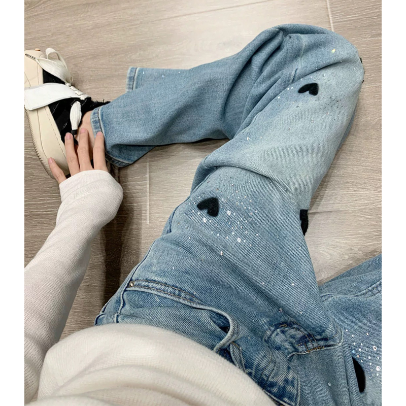 韩系桃心刺绣烫钻蓝色牛仔裤女早秋高腰显瘦复古宽松百搭阔腿裤子