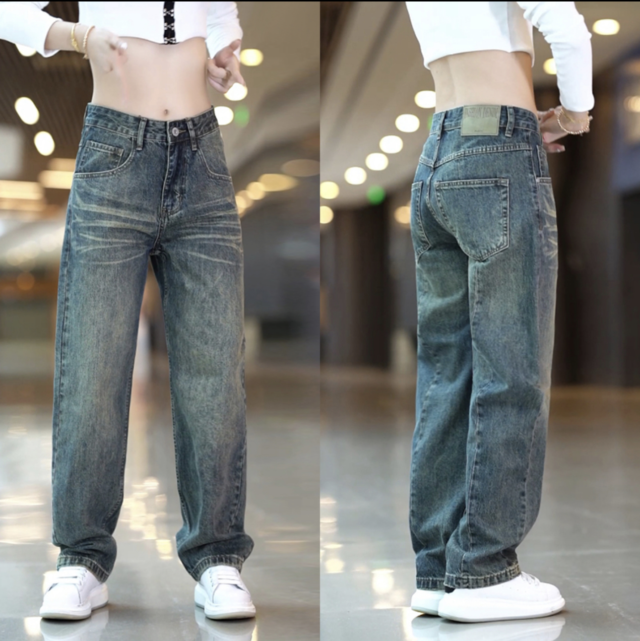 高端复古牛仔裤男士韩版时尚拼接直筒裤美式潮流百搭休闲裤