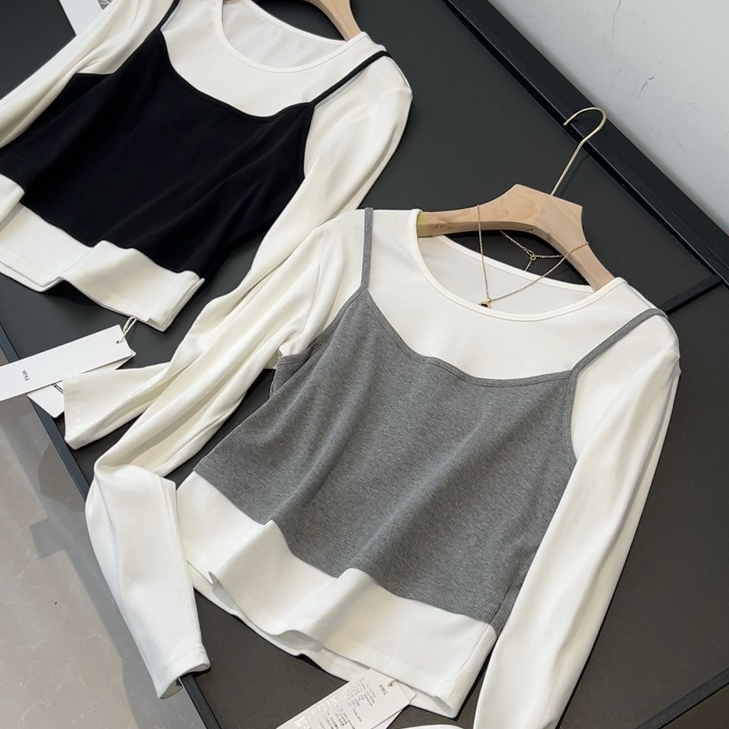 减龄假两件！韩系设计感~时尚气质 经典圆领百搭显瘦长袖T恤