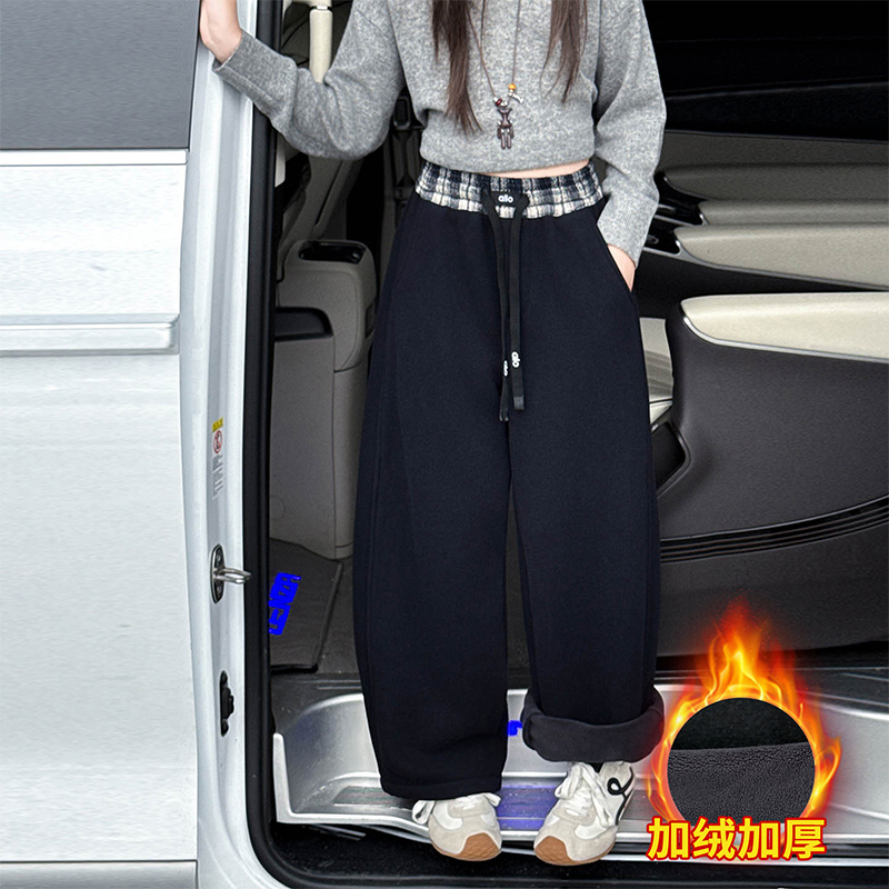 女童秋冬加绒休闲裤2025新款儿童洋气加厚拼格直筒裤大童炸街长裤