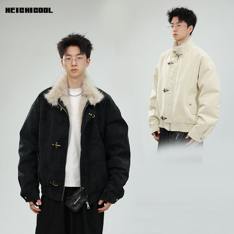 HEICHICOOL美式哈灵顿珠光皮衣棉服男冬季飞机扣加厚保暖座山雕