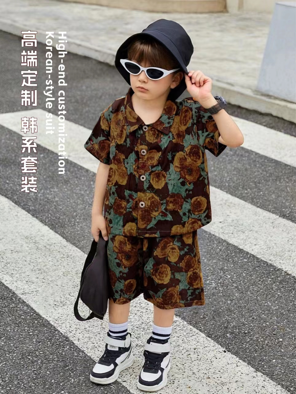 复古衬衣套装夏款韩版潮流衬衫短袖短裤印花渣男风度假休闲两件套