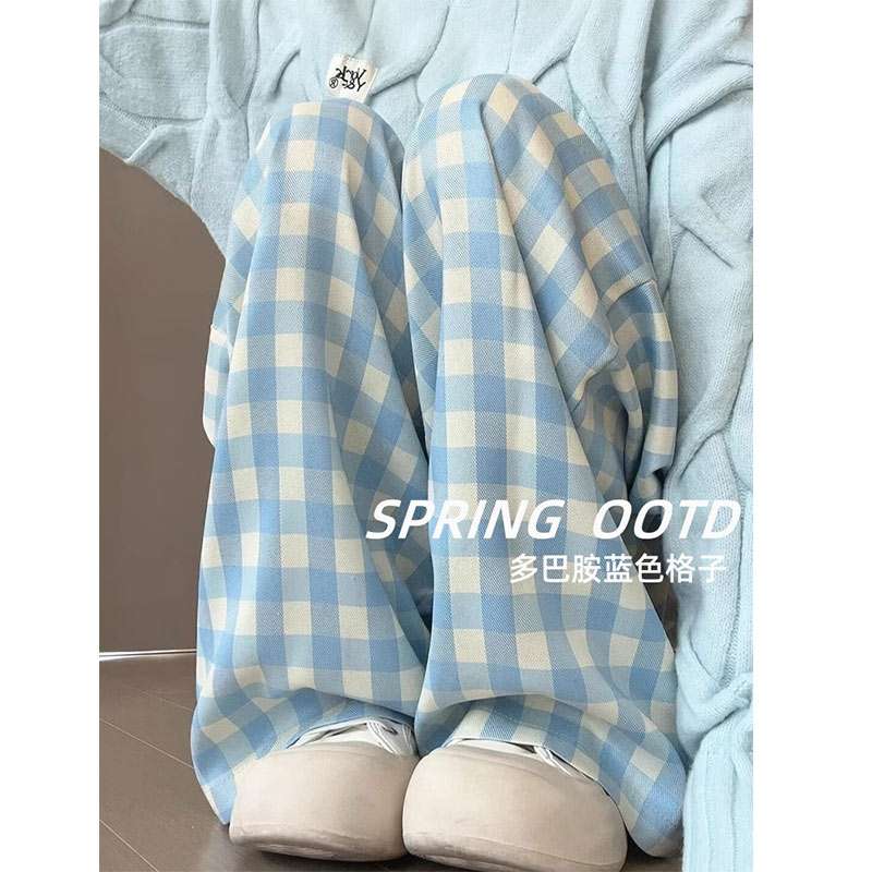 FAVMARTHA多巴胺蓝色格子裤女夏季2025新款小个子宽松直筒遛弯阔