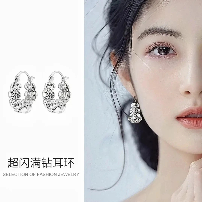 合金锆石耳饰 【女神爆款】法式耳扣圈圈耳环精致满钻超闪轻奢