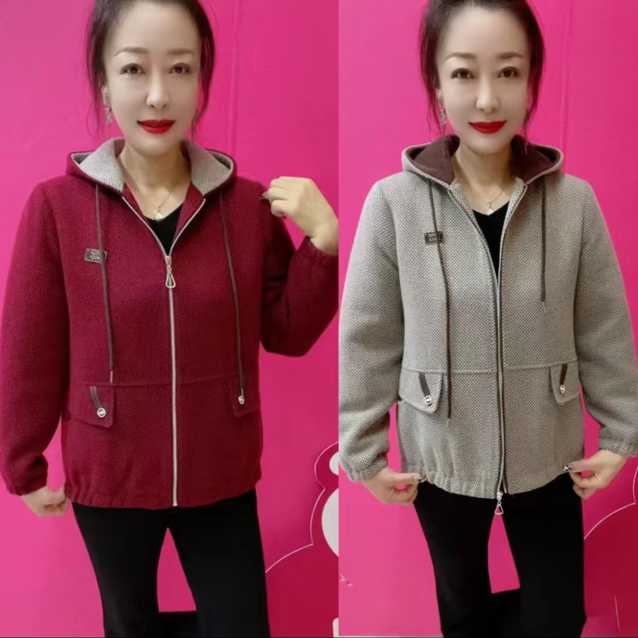 中老年妈妈时尚连帽短款外套秋季百搭显瘦遮肉宽松上衣