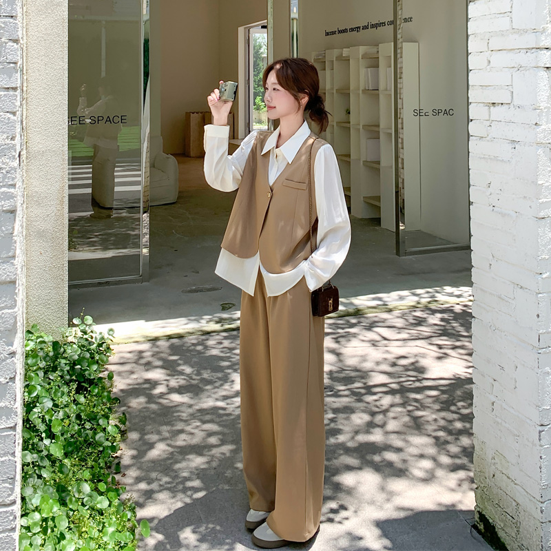 假两件拼接上衣阔腿裤女2025春秋新款韩系ins极简风松弛感套装裤
