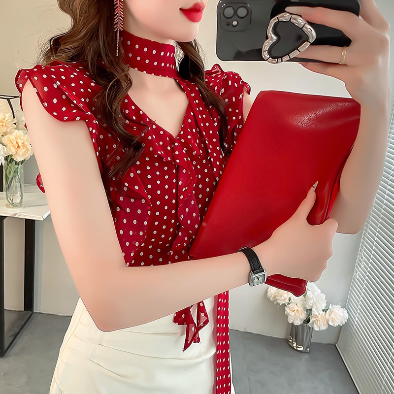 法式红色波点印花飘带领衬衫上衣女显瘦荷叶边飞飞袖雪纺衬衣夏