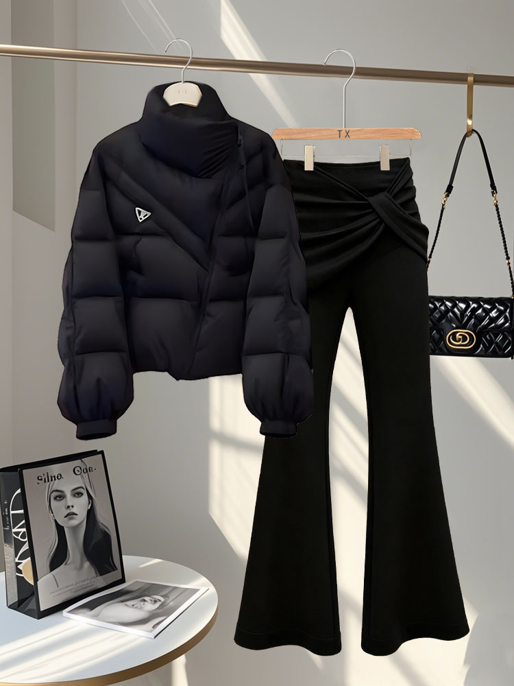 法式轻奢一整套2025秋冬新款保暖舒适百搭棉服女百搭微喇长裤套装