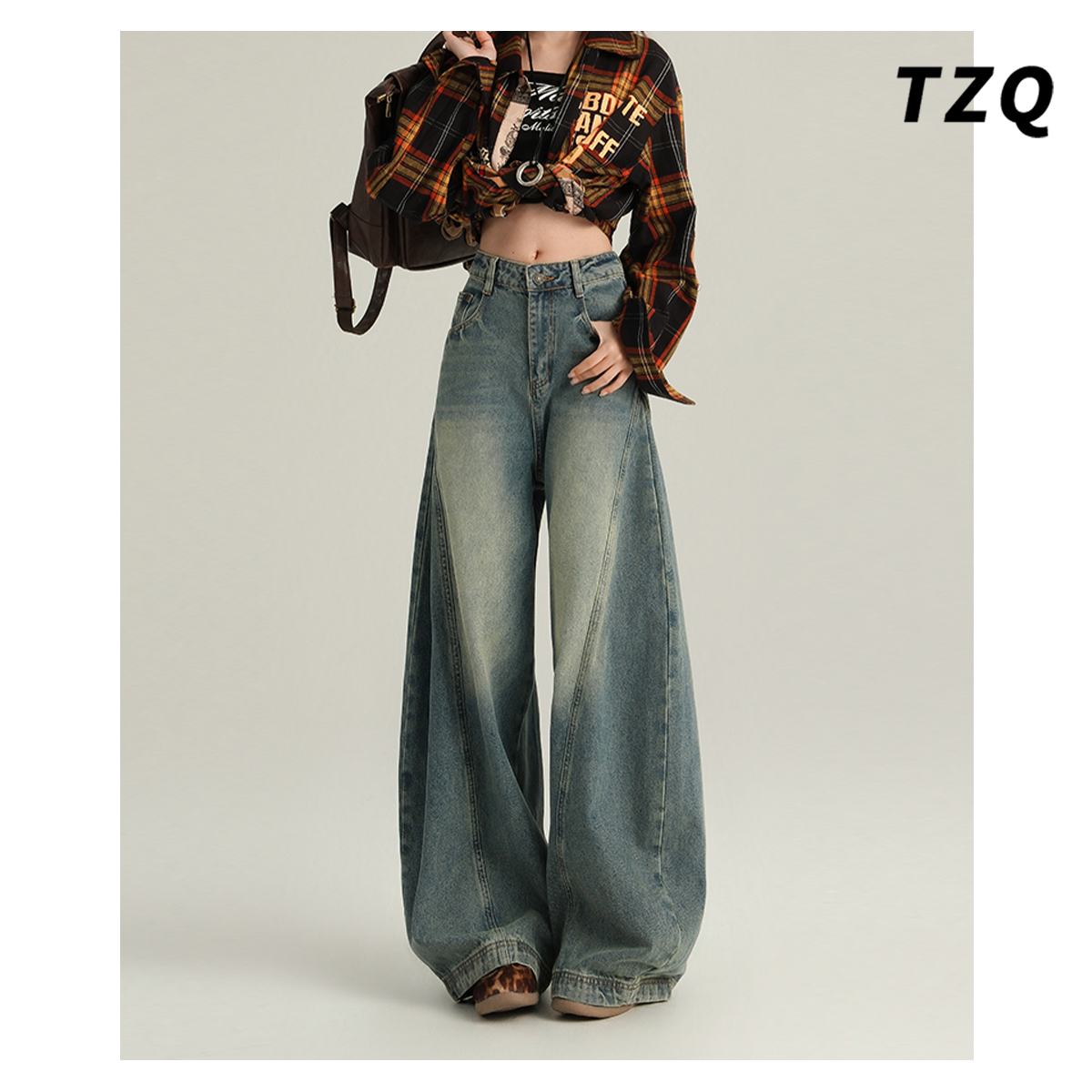 水洗做旧弯刀牛仔裤女2025春季新款高腰宽松垂感阔腿裤TZQ2522821