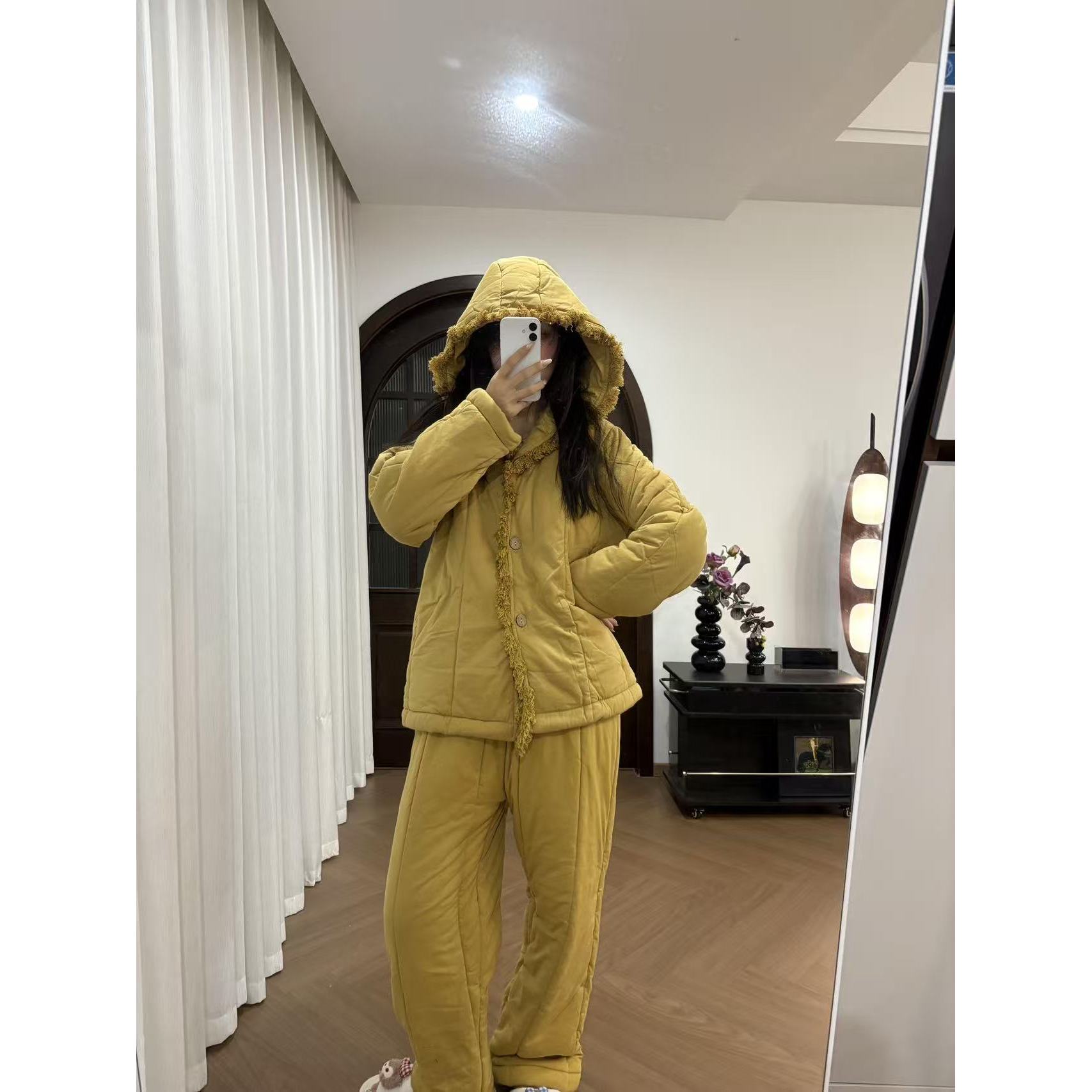 韩版流苏夹棉连帽睡衣女2025年冬季新款加厚保暖家居服套装可外穿