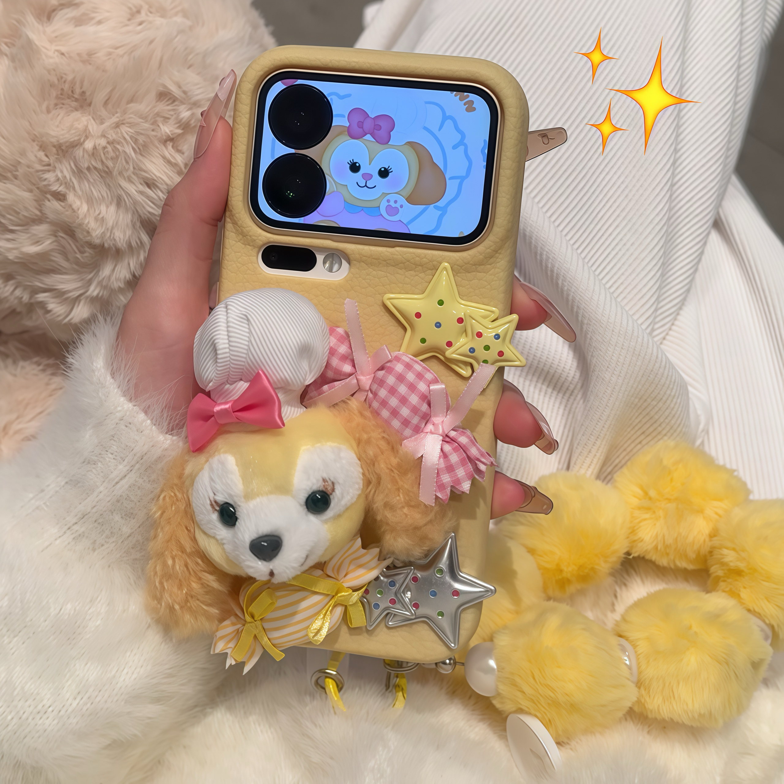 BANCA可爱毛绒饼饼挂绳适用苹果17/16皮纹手机壳华为vivoppo小米