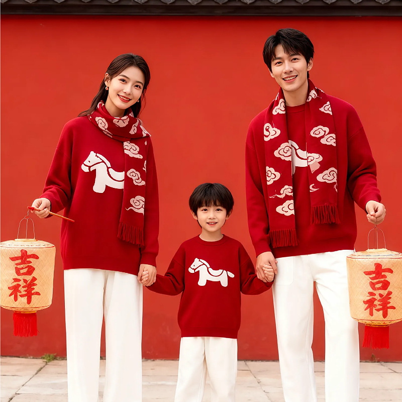 26新年马年亲子装一家三口四口潮图圆领印花加厚保暖毛衣亲子装