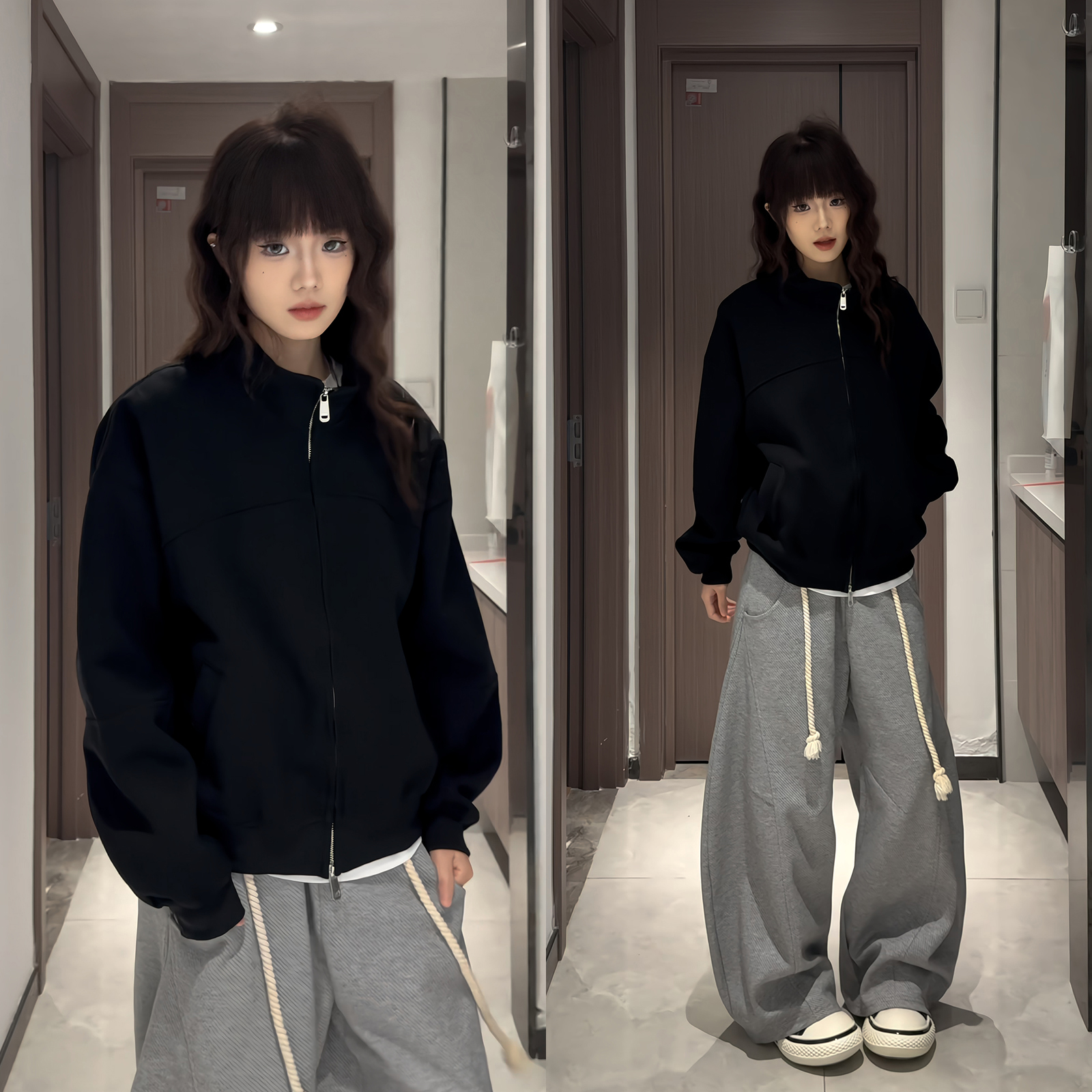 纯黑色立领纯棉卫衣开衫男款cleanfit秋季正肩高级感拼接夹克外套