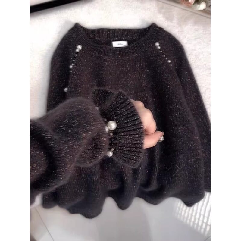 韩系高级感咖色珍珠毛衣女2025秋冬新款别致洋气休闲百搭针织长袖