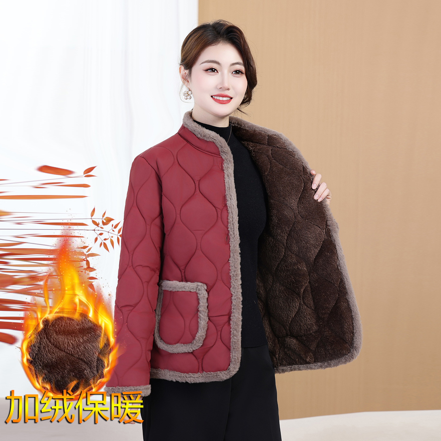 加绒加厚女士棉袄冬季中老年女装老年人中年大码妈妈冬季立领棉袄