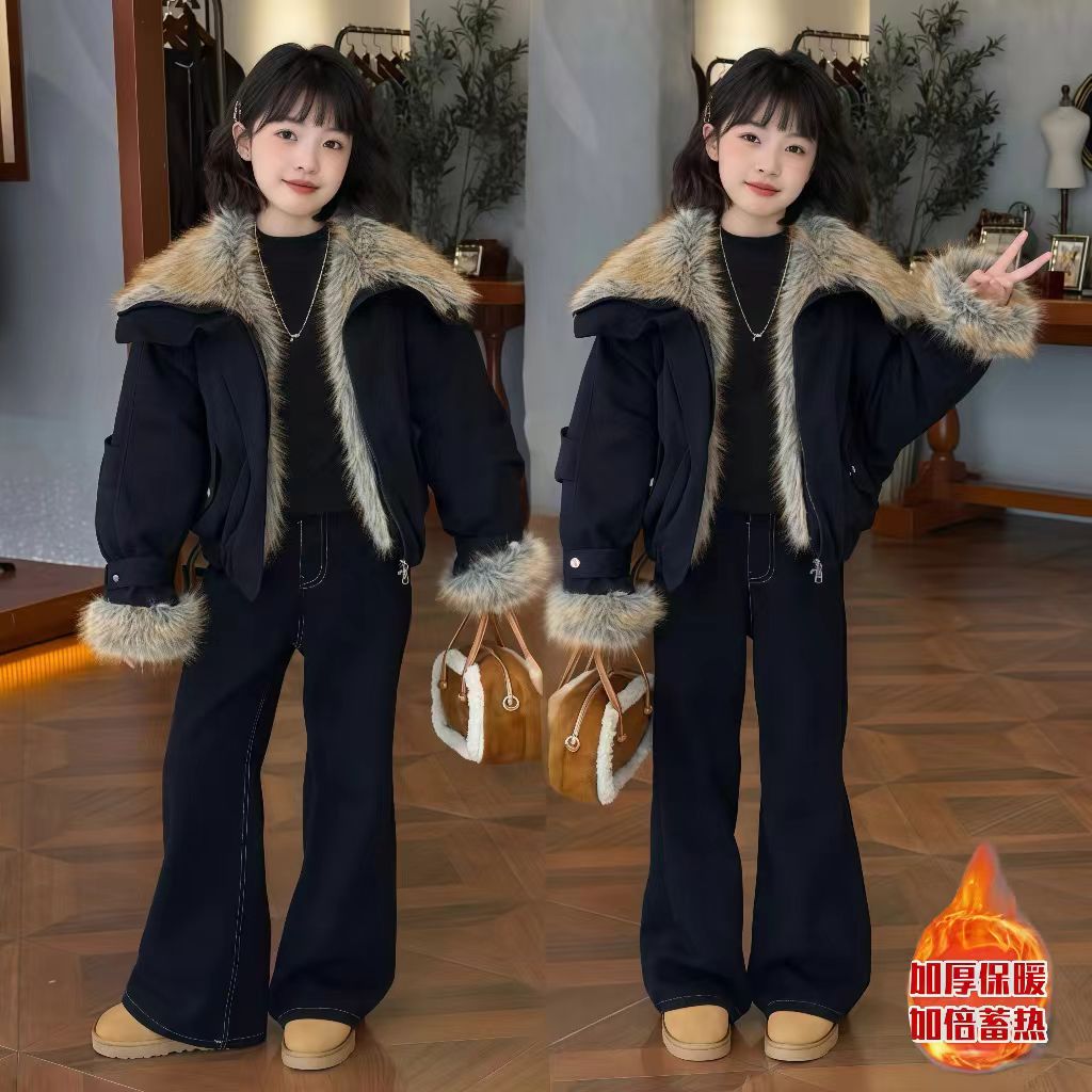 2025冬季时尚气质环保毛毛大翻领夹棉保暖夹克厚外套女童加绒套装