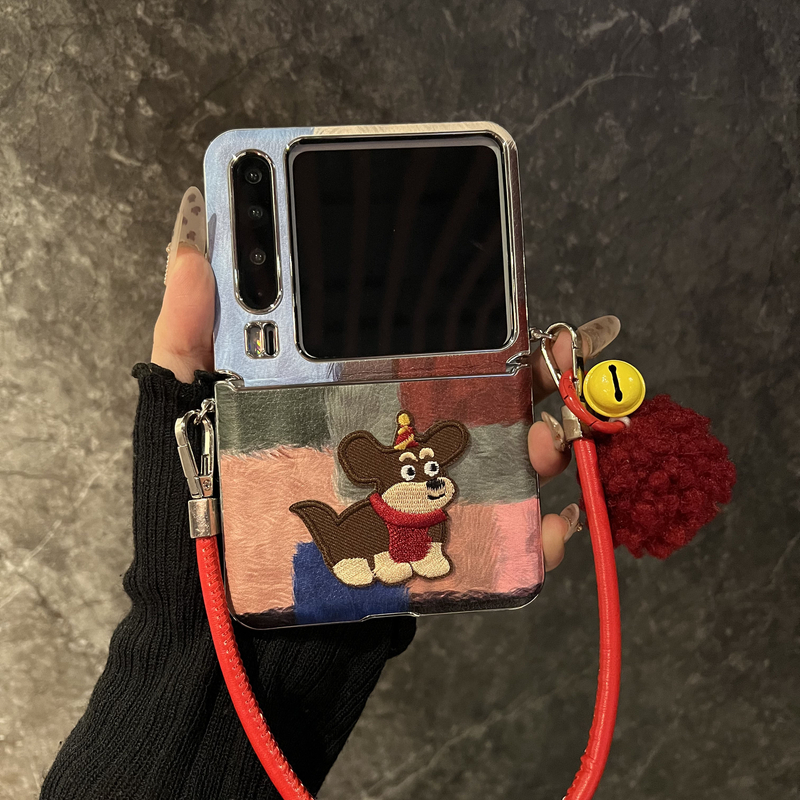 适用华为purax折叠屏手机壳色块拼接刺绣腊肠狗pocket2护轴皮纹小