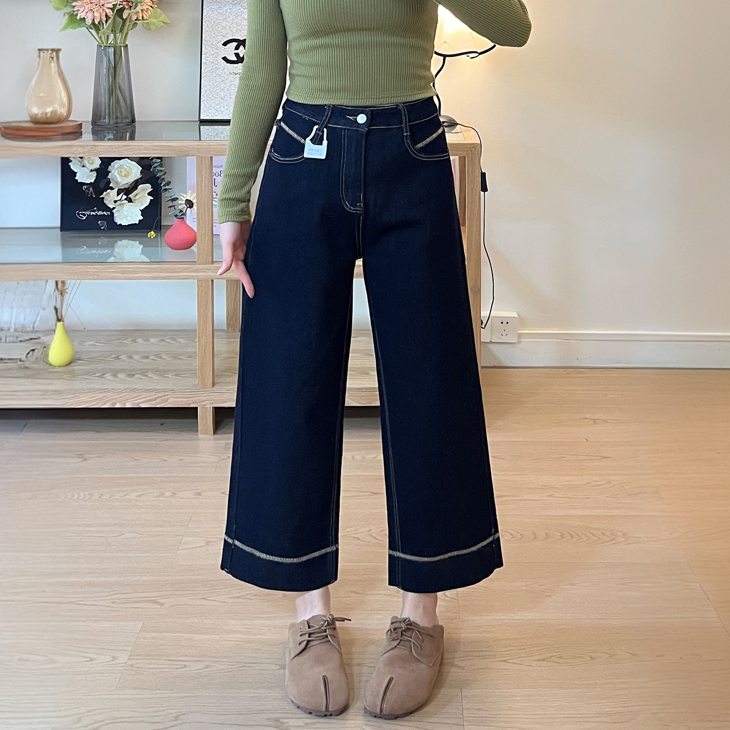 秋季新款深蓝色弹力直筒牛仔裤女大码胖mm梨形身材显瘦宽松阔腿裤