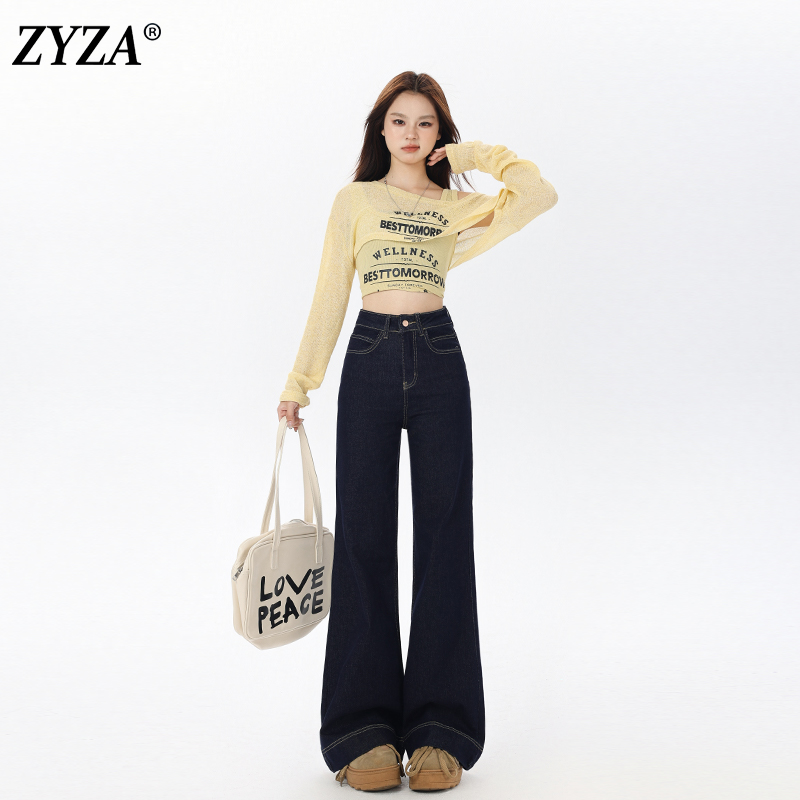 ZYZA丹宁蓝高腰喇叭牛仔裤女潮款秋季新款小个子阔腿裤弹力裤子