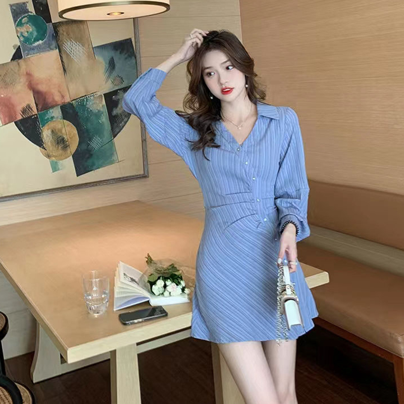 春季新款法式气质小个子条纹衬衫连衣裙女收腰显瘦修身裙子6590