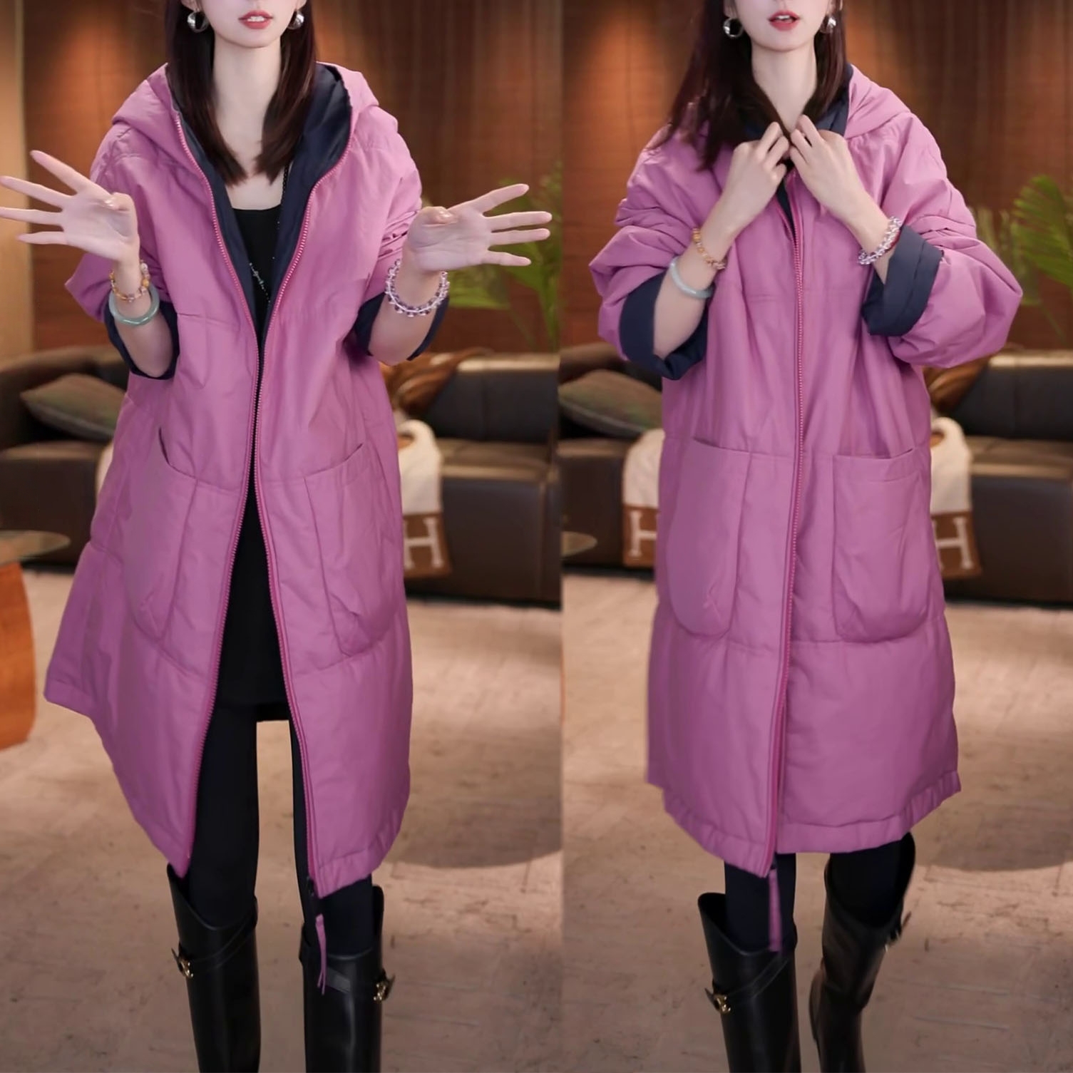 时尚加厚保暖双面穿棉衣2025秋冬季新款气质宽松显瘦连帽棉服外套