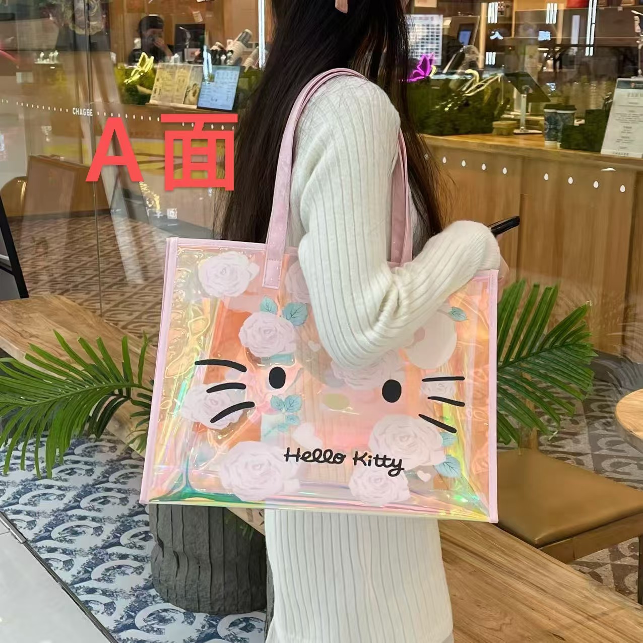 双面kitty玫瑰炫彩时尚托特包妈咪包大容量沙滩包游泳防水健身包