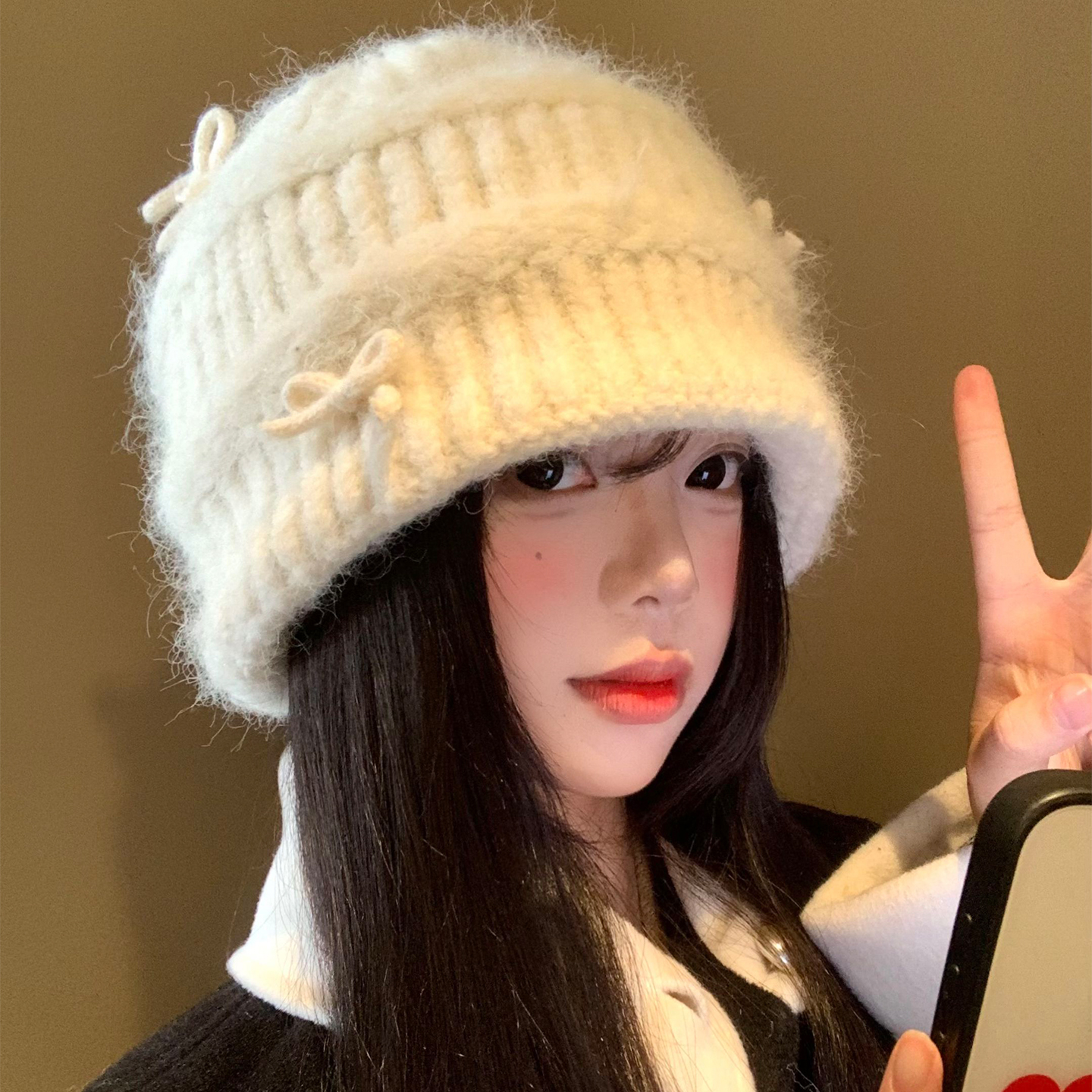 蝴蝶结毛绒针织帽女秋冬韩版百搭显脸小毛线帽大头围保暖护耳帽子