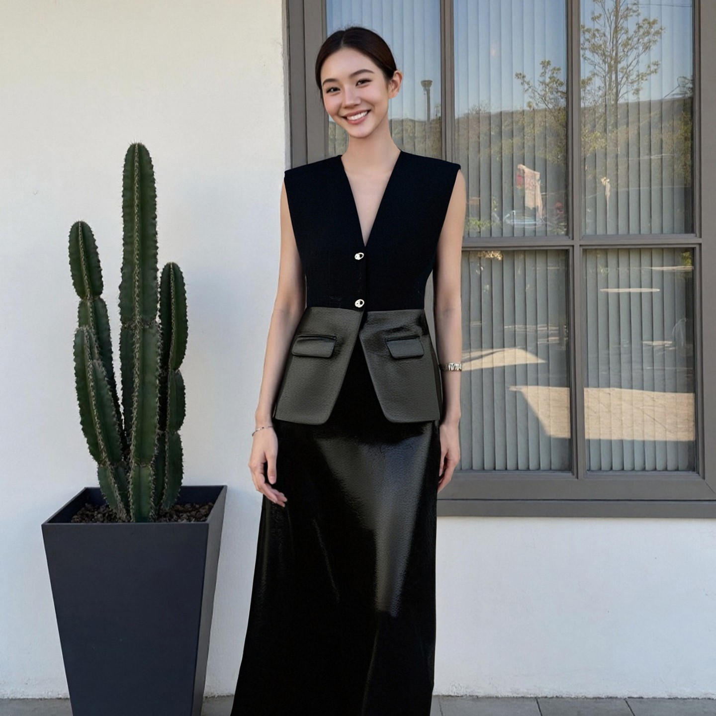 夏季新款V领无袖上衣高腰半身裙两件套女休闲时尚套装SHBZX621236