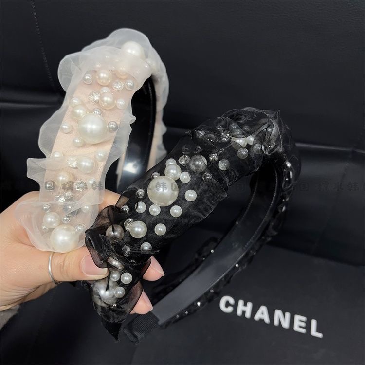 韩国重工珍珠钻发箍小众欧根纱高级爆款高颅顶头扣带齿防滑韩版