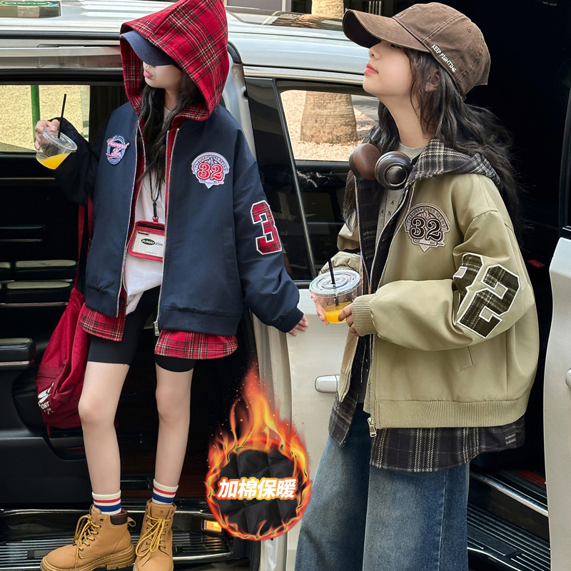 女童秋冬外套2025新款假两件连帽夹棉二棉服美式复古加厚夹克衫潮