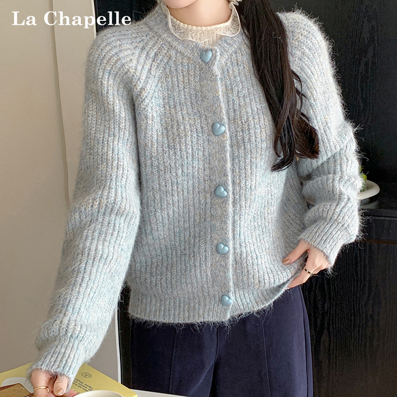 拉夏贝尔秋冬新款甜美温柔风韩系针织开衫女软糯慵懒厚款毛衣外套