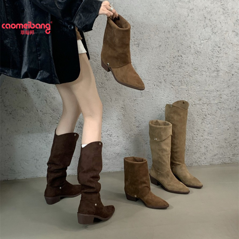百搭时尚粗跟女鞋秋冬复古长靴女靴骑士靴复古咖色黑色浅棕色
