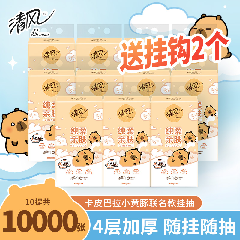 清风卡皮巴拉悬挂式抽纸250抽10提加厚卫生纸家用实惠装整箱纸巾