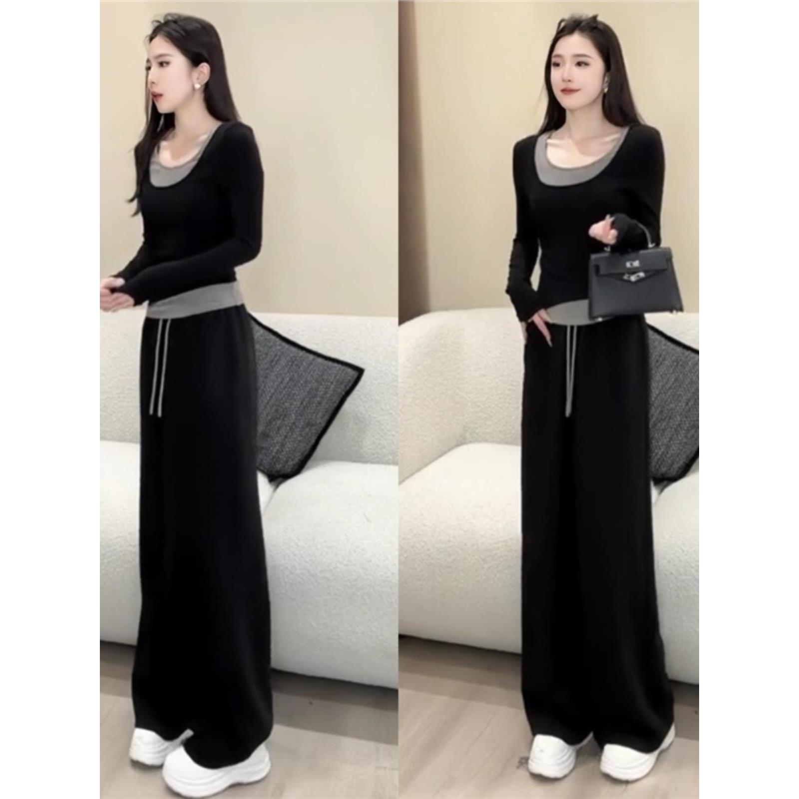 时尚欧货休闲简约套装女2025春秋季新款假两件长袖宽松长裤两件套