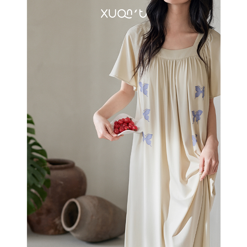 轩之婷夏季睡裙女带胸垫莫代尔棉短袖薄款凉感蝴蝶长款睡衣连衣裙