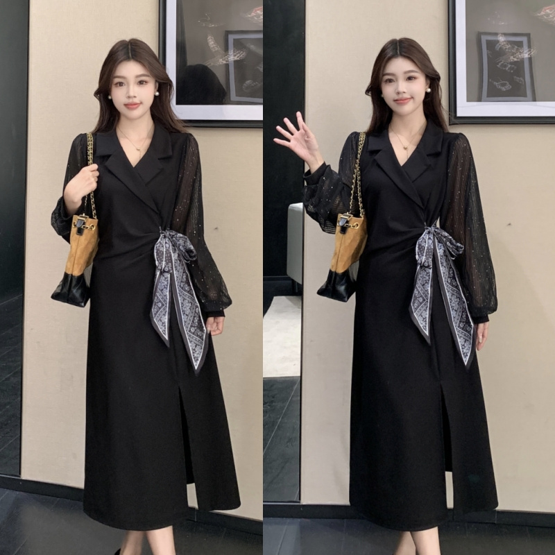 秋季大码赫本风显瘦轻奢高级感时尚气质高腰修身V领连衣裙5966