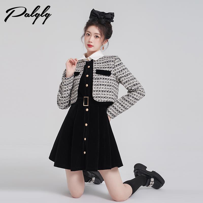 法式小香风假两件洋装女秋冬季高级感甜美富家千金加厚丝绒裙