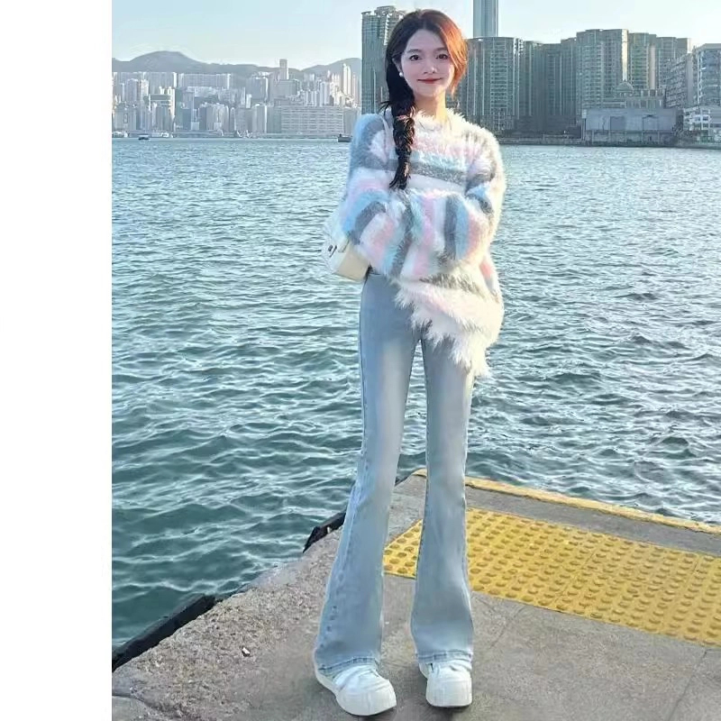 雪千羽美式浅色微喇牛仔裤女2025春夏小个子马蹄高腰显瘦喇叭裤子