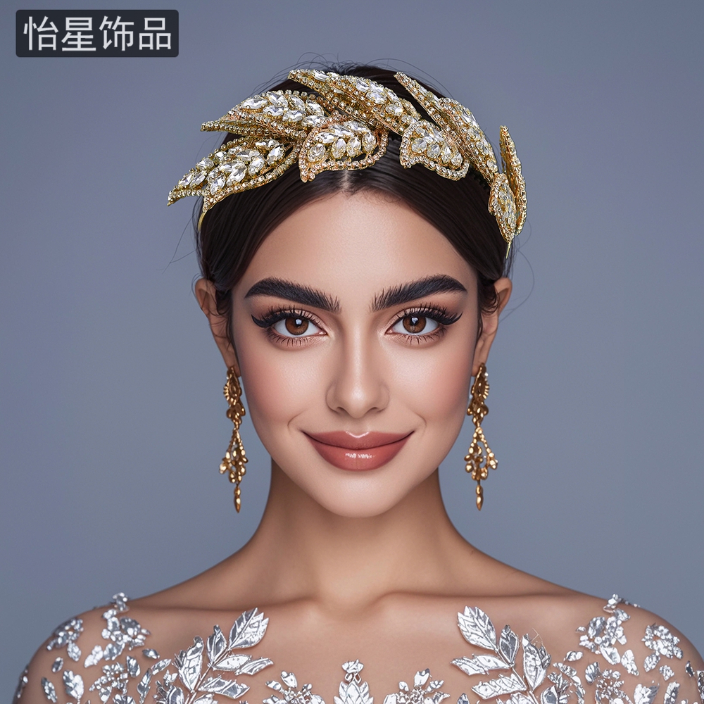 怡星大气奢华新娘发饰金色叶子水钻发箍婚礼宴会走秀舞台头饰A354