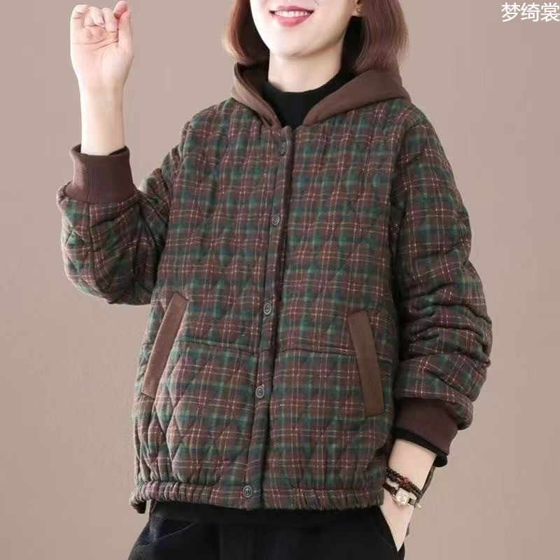 妈妈装格子连帽棉服外套新款中老年休闲宽松夹棉保暖轻便棉加厚