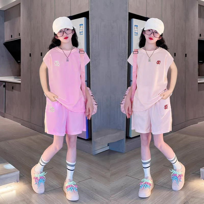 夏季休闲女孩撞色网红薄款套头女童套装潮流休闲风中大童