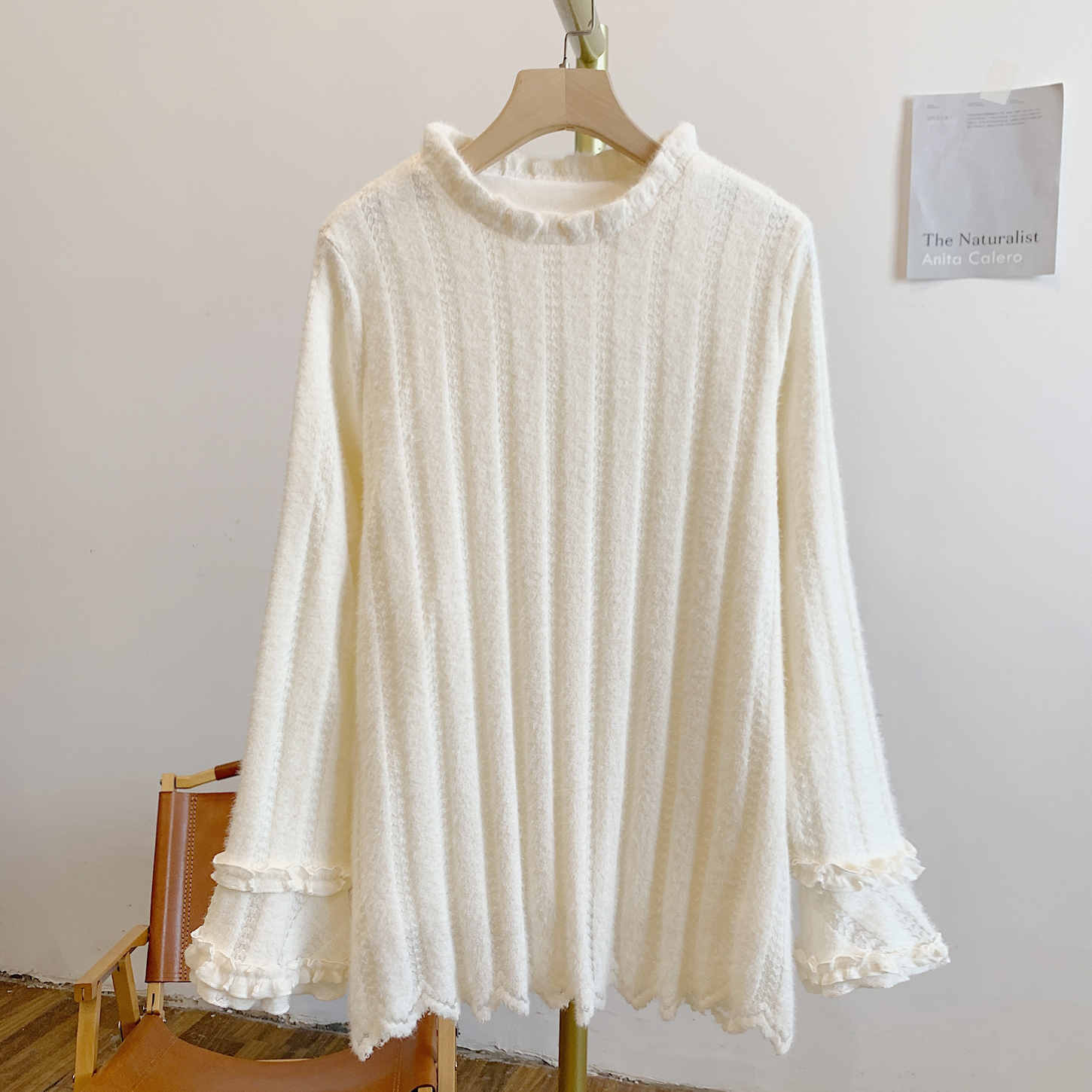 云卷云舒Y4090加绒植绒提花木耳边圆领长袖T恤