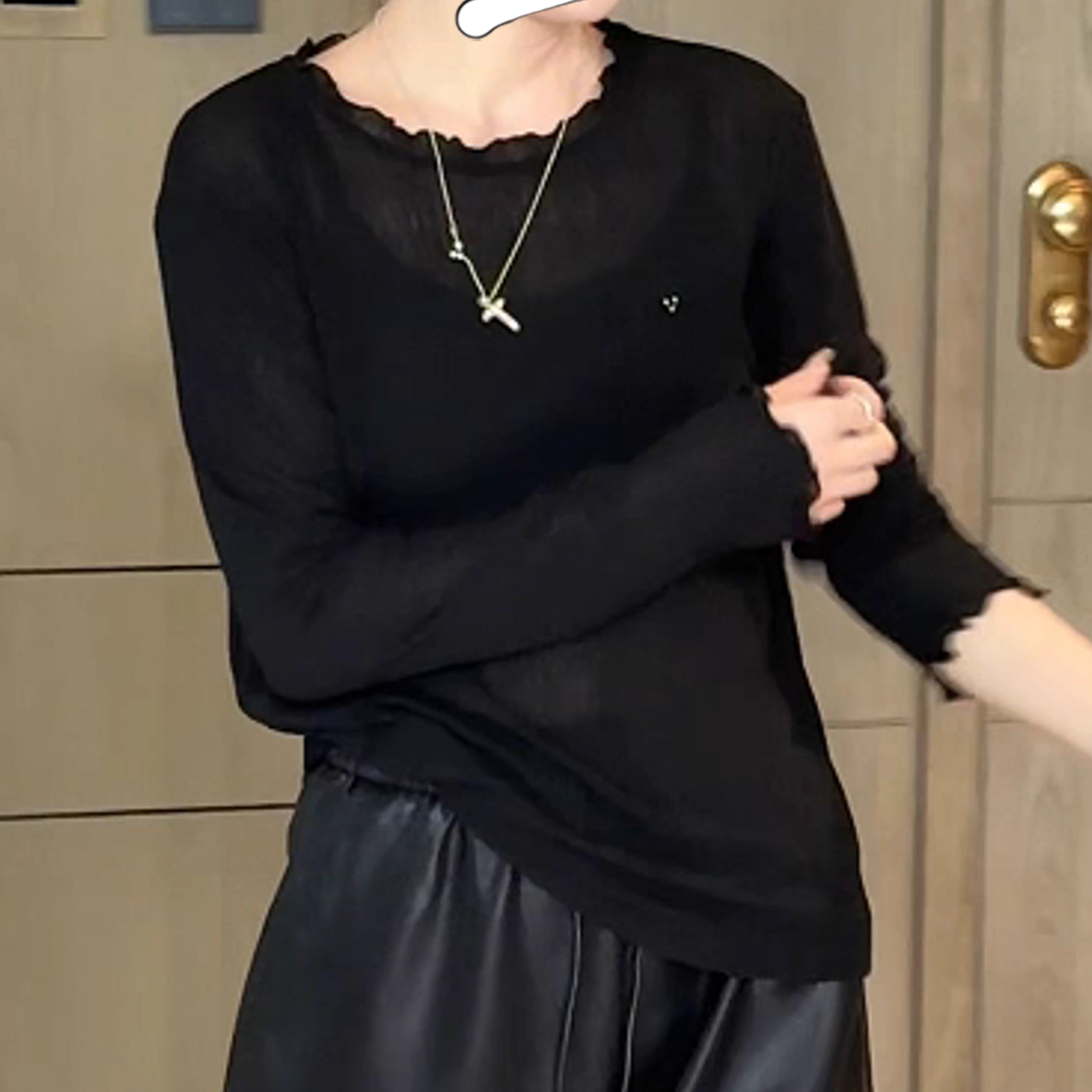 大码女装别致木耳边圆领长袖T恤女2025秋季胖mm时尚气质打底上衣