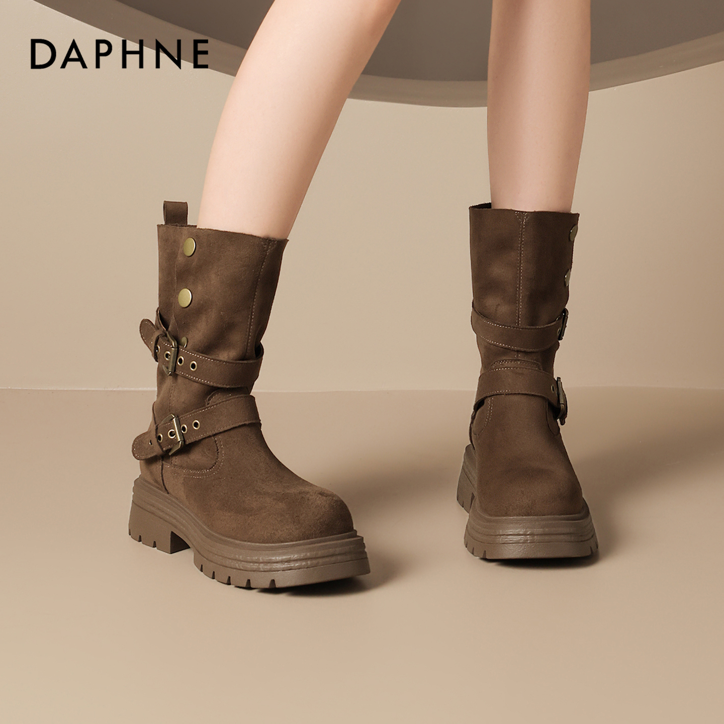 达芙妮网红爆款美拉德牛仔西部靴女款2025秋季中筒骑士靴厚底短靴