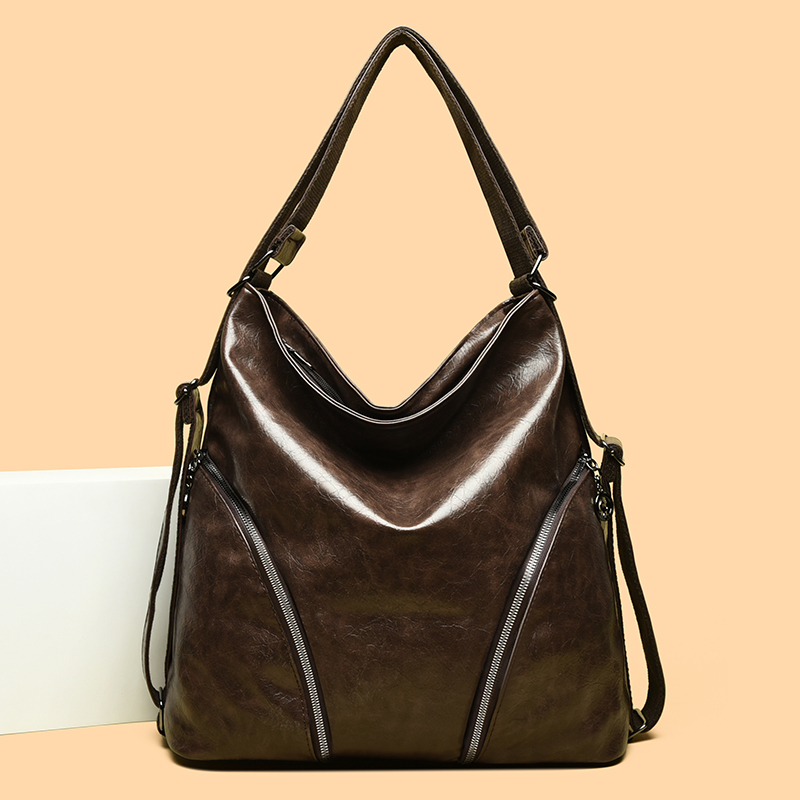 【长35高38厚17cm】风格可调节拉链斜挎包褶皱百搭复古休闲6669棕