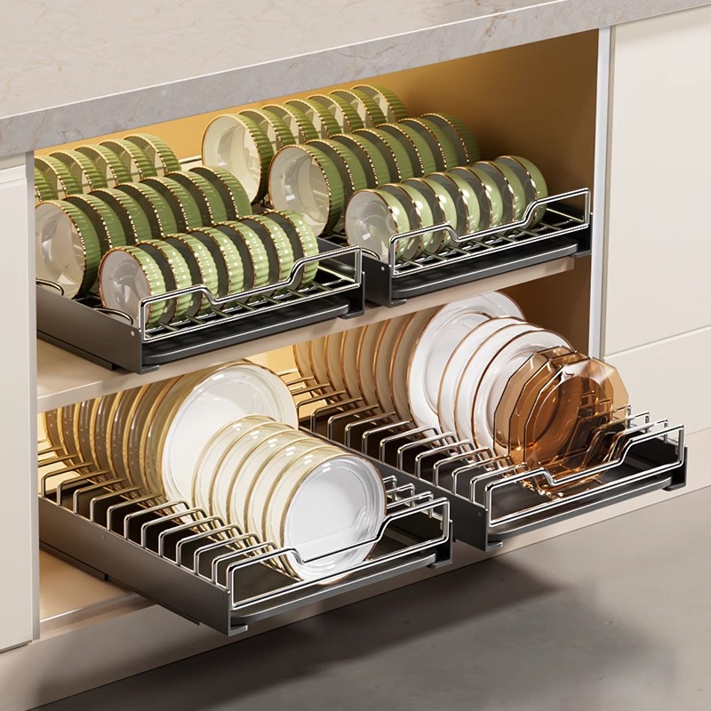 百悍碗碟收纳架304不锈钢碗盘厨房橱柜抽屉式拉篮抽拉沥水置物架